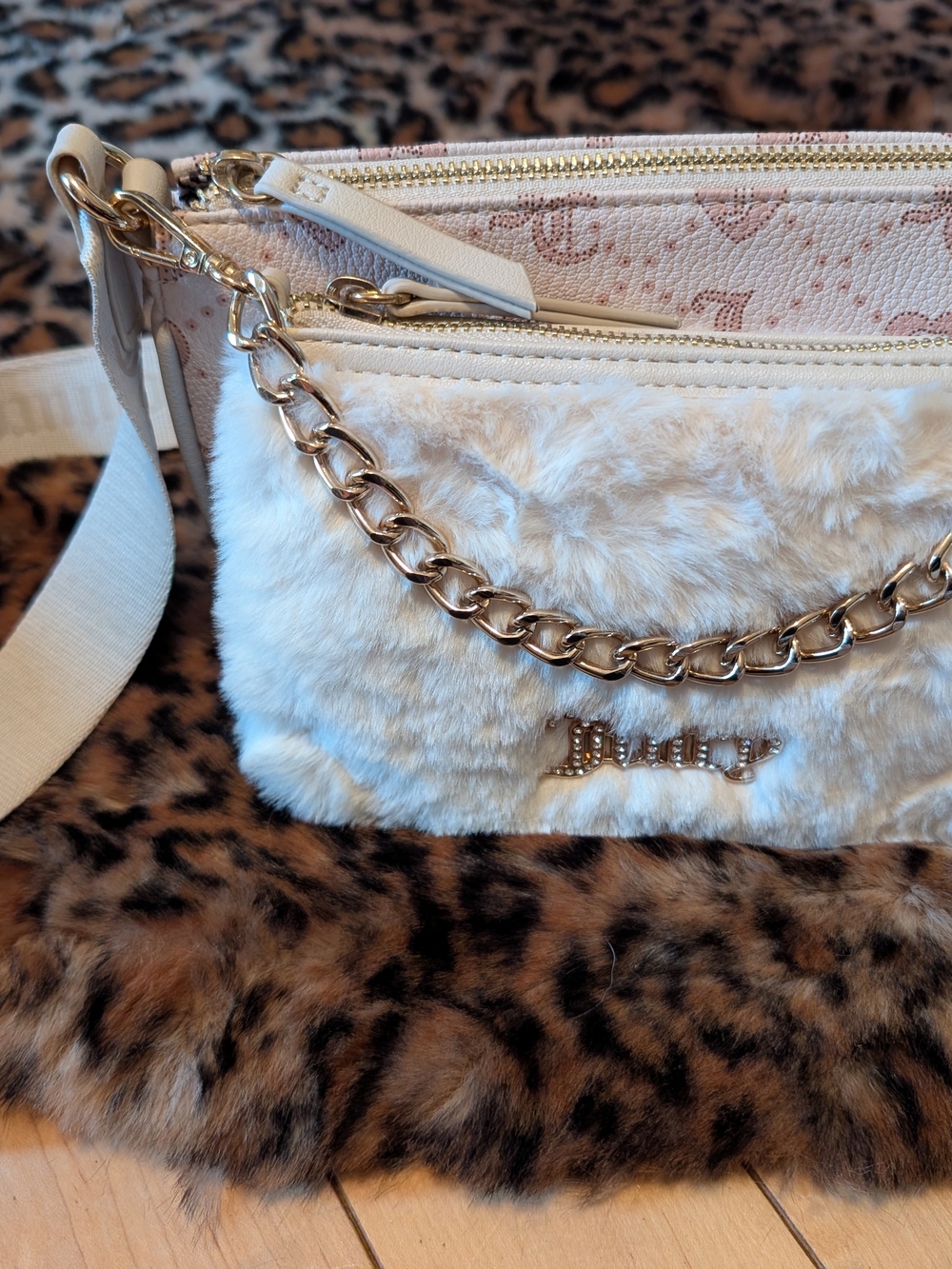 Faux Fur Crossbody Bag in Cream with Gold Chain